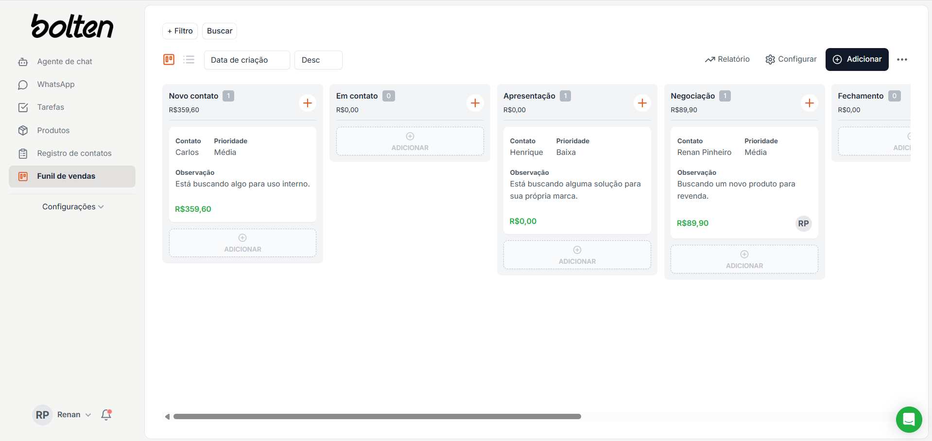 Kanban board interface